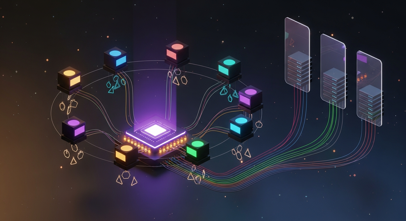 MCP capability server constellation: central agent processor connected to orbiting domain servers, shared across workflows