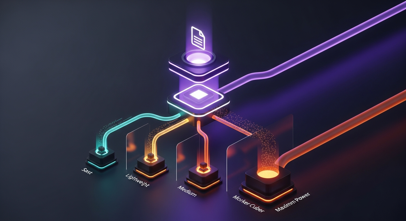 Three-tier SQS routing: file size router splitting into standard, heavy, and ultra worker tiers