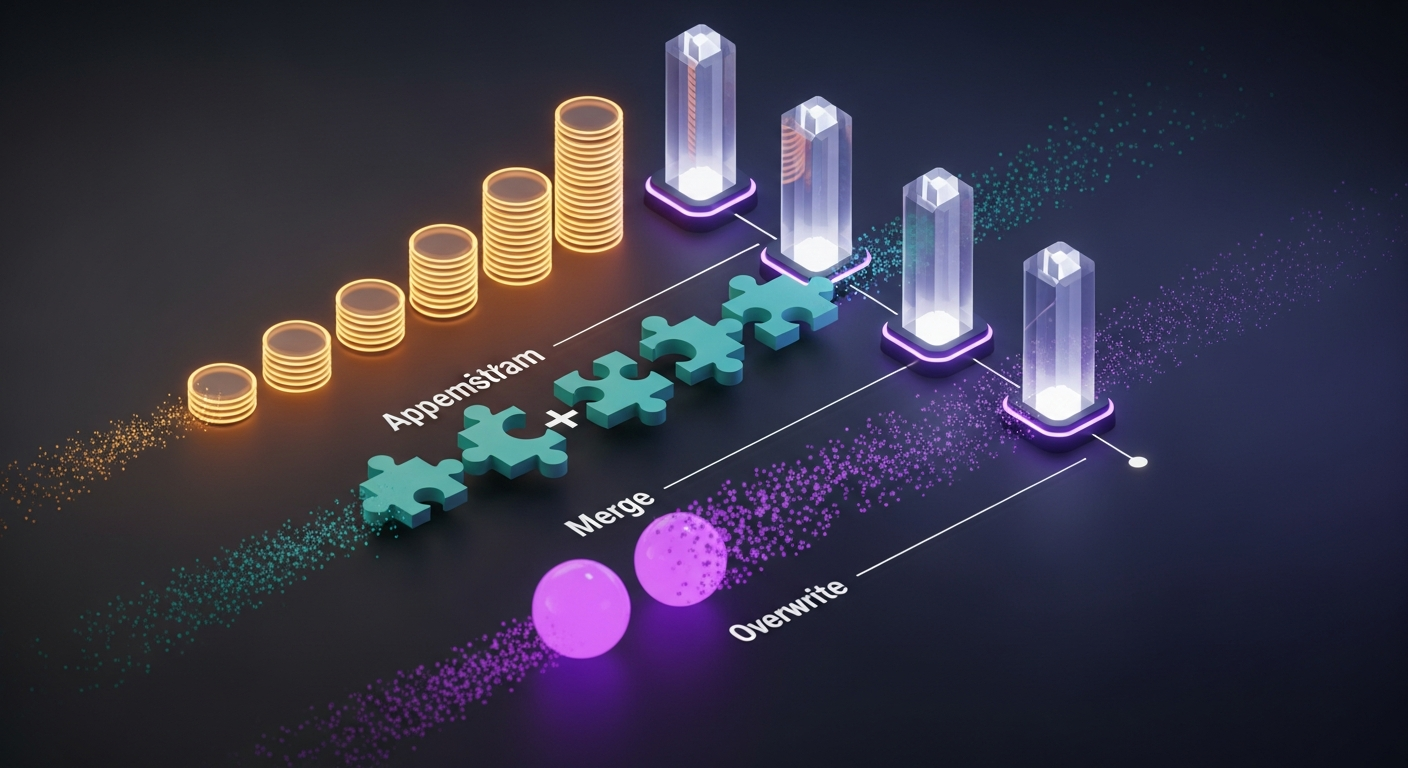Three reducer semantics: Append (growing stack), Merge (puzzle pieces combining), Overwrite (single value replaced)