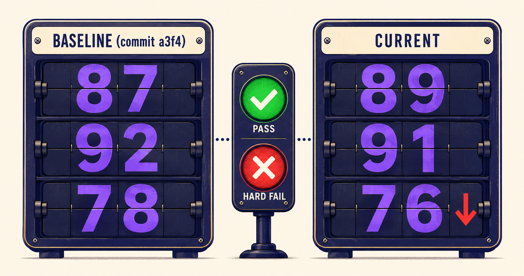 Two side-by-side scoreboards stylized as mechanical split-flap displays: BASELINE versus CURRENT, with a traffic-light gate between them