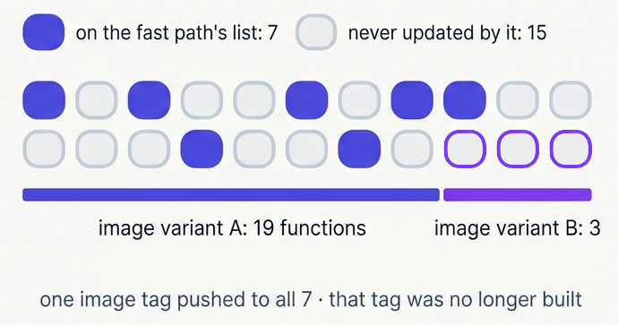 A grid of 22 function chips in two rows. 7 are filled, labelled on the fast path's list; 15 are outlines, labelled never updated by it, and the last 3 of those have violet borders. Bands underneath mark image variant A with 19 functions and image variant B with 3. Caption: one image tag pushed to all 7, and that tag was no longer built.