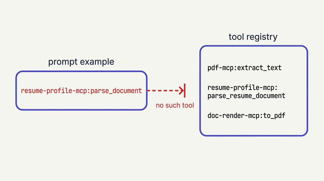 The prompt example id resume-profile-mcp:parse_document points toward the tool registry, whose real entries include resume-profile-mcp:parse_resume_document. There is no such tool.